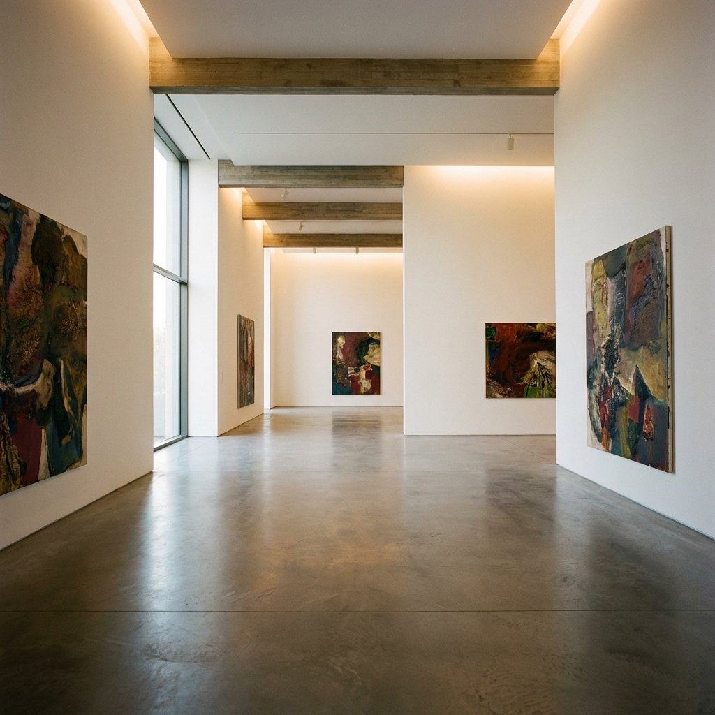 A high-end modern art gallery with minimalist architecture, soft warm lighting, and large abstract canvas paintings on white walls, wide angle, architectural photography.